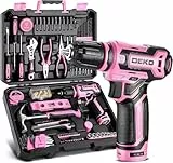 DEKO Werkzeugkoffer Gefüllt, 133-teilig Werkzeug Set für Reparaturen im Haushalt und Heimwerken, mit Bohrschrauber 12 V Akkuschrauber Bohren und Anziehen/Lösen von Schrauben, Rosa