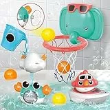 VATOS Baby Badespielzeug, Badezimmer Babyspielzeug für Babys Jungen Mädchen 1 Jahr alt, Baby Badewanne Spielset mit Elefant Basketballrahmen, Vogel, Krabbe, Wolken, Yacht für Kleinkinder 1-3