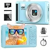 4K 64MP Digitalkamera mit 32 GB TF-Karte, Autofokus Fotoapparat mit 16X Digitalzoom Tragbar Kompaktkamera mit 1200mAh Batterie, USB-Kabel, für Kinder Teenager Erwachsene Anfänger