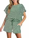 Tankaneo Damen Zweiteiler Kurzarm Lounge Set Sommer Outfits Gestreifte Lockere Pyjama Set Hausanzug Rundhalsausschnitt T Shirt mit Shorts