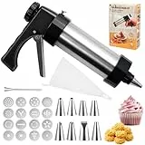 Gebäckpresse für Spritzgebäck Edelstahl,Gebäckpresse mit 16 Schablonen und 8 Tüllen 1 Reinigungsbürste,Gadgets Zum Keksbacken Gebäckspritze Tortenspritze Profi Spritzgebäck Maschine für Kuchen Kekse