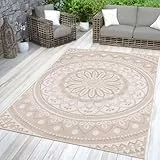 TT Home In-& Outdoorteppich Wetterfest Garten Orientalisches Marokkanisches Boho Design, Farbe: Beige Weiß Sand, Größe:120x160 cm