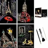 ShipeeKin 4X Kratzbilder, 290x210 MM Strassenecke der Stadt Wandbild, Beschichtete Bunte Kratzpapier mit Werkzeug Set (Strassenecke)