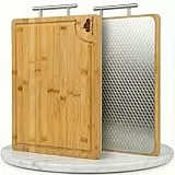 WOHLWOLKE Doppelseitiges Schneidebrett Edelstahl & Bambus | Küchenbrett mit Saftrille & Metallgriff | Holzbrett Küche antibakteriell | Bambus Schneidebrett groß | Tranchierbrett 40x30x2cm