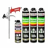 Isolbau Bauschaum-Set - Inkl. 3 x 1K Montageschaum B2 Pistolenschaum mit hervorragender Schall und Wärmedämmung (je 750 ml), 1 x PU-Schaum-Reiniger (500 ml) & 1 x Schaumpistole, Abdichten