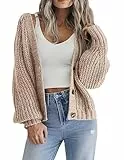 Hotouch Strickjacken Für Damen Cardigan Kurz V-Ausschnitt Knöpfen Grobstrick Strickjacke Einfarbig Langarm Lässig Strickmantel Khaki L
