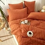 YASMENG Seersucker Bettwäsche 155x220 Orange Gestreift Bettwäsche Seersucker Weich Atmungsaktiv Mikrofaser Bettwäsche Modern Bettbezug Set 3 Teilig mit Reißverschluss und 2 Kissenbezüge 80x80 cm