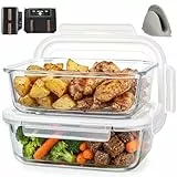 BYKITCHEN 2 Stück Airfryer Zubehör für Ninja AF400EU/SL400EU/Cosori Heißluftfritteuse 2 kammern, Glas Auflaufform für Airfryer Mit Deckel & Silikon Ofenhandschuhe, Hitzebeständig Mikrowellengeschirr