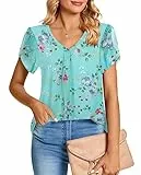 Elegantes Damen V-Ausschnitt T-Shirt, Kurzarm, Blütenblatt-Ärmel, Locker Geschnitten, Minzgrün