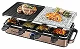 Bestron 2-in-1 Raclette-Partygrill: elektrisches Raclette für bis zu 8 Personen, kratzfester Naturgrillstein & antihaftbeschichtete Grillplatte, 8 Pfännchen & 8 Schaber, 1.400 Watt, Farbe: Kupfer
