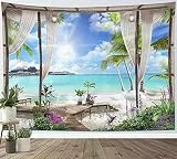 LB Wandteppich 150x100cm- Sommer Hawaii Deko Wohnzimmer- Wandtuch Blaugrün Meer Tropische Strand- Wandbehang Landschaft für Schlafzimmer Garten Büro Kinderzimmer Wanddeko