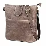 LEABAGS Leder Handtasche Damen I Premium Echtleder Umhängetasche I Damen Schultertasche I Damentasche I Tragetasche für Arbeit Uni Schule Freizeit I Größe L (31 x 29 x 13 cm) I Vintage Graubraun