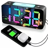 Digital RGB Farbiger Spiegel Wecker für Schlafzimmer, 15-Farben Modus/7' Großer Bildschirm/3 Helligkeit, Nachtlicht, 2 USB-Ladegerät,Einstellbare Lautstärke,12/24H,Netzbetrieben Uhr für Kinder Ältlich