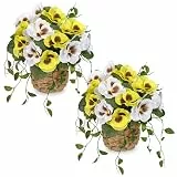 Hollyone 2 Stück Künstliche Blumen im Topf Gelb Künstliche Stiefmütterchen Blumen mit Geflochtenen Korb Klein Kunstblumen Deko Pflanze für Bauernhäuser Zuhause Regal Tischdeko