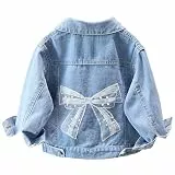 SXSHUN Kinder Jeansjacke Mädchen Jeans Jacke mit Bestickten Blumen Denim Jacket Süß Kinderjacke mit Schleife Outdoor Cowboy Mantel, Blau+Schmetterling, 122-128
