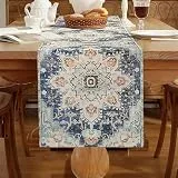 Chicamy Blaue Tischläufer Leinen 33 x 183 cm Mandala Tischläufer Modern Boho Style Tisch läufer Landhausstil Rustikale Tischdecke Dekorativer für Dinner Party Urlaub Esszimmer Kommode Dinner