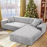 NAKIHOUSE Dicke Samt Sofa Überwürfe Sofabezug mit einem Kissenbezug, Superweicher Elastische Sofa Abdeckung in Silber-Grau Farbe für 1/2/3/4 Sitzer（L-förmiges Ecksofa erfordert Zwei）