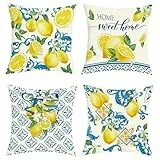 Joymaison Kissenbezüge 45x45 cm 4er Set Mediterran Zitrone Frühling Sommer Dekorative Kissenbezug Gelb Zitronen Blume Italien Blau Geometrisch Deko Kissenhülle für Sofa Couch Schlafzimmer Wohnzimmer
