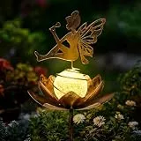 GIGALUMI Solarleuchten Lotus Fee Außen Garten, Solarleuchten Crackle Glass Ball Stake Metall Garten Ornamente Outdoor Wasserdicht für Hof, Weg und Terrasse