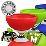 Mister M | Jonglierset mit rotem Kugellager Diabolo | Klappbare Aluminiumstäbe | Mit Ersatzschnur und Geschenk- oder Reisebox | Inkl. App und Tutorial zum Jonglieren Lernen