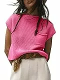 Saodimallsu Damen T-Shirt Pullover Sommer Kurzarm Strickpullover Oberteile Rundhals Leicht Basic Tops Einfarbig Elegante Shirts Tee mit Tasche Rose XXL
