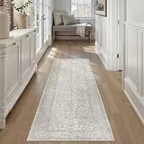 PureCozy Grau Waschbarer LäUfer Flur Teppich 60x180cm Vintage kurzflor rutschfest Weich Blumenmuster Teppiche für Küchen Hallway Bettvorleger Wohnzimmer Schlafzimmer Carpet