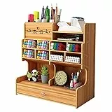 Hggzeg Schreibtisch-Organizer aus Holz, Selbstmontage, Schreibtischset, große Kapazität, Schreibtisch-Butler, mit Schublade, Stifthalter für Zuhause, Büro und Schule, B18, Kirschholz