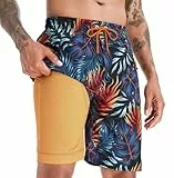 APTRO Herren Badehose Lang mit Kompression Liner Schnelltrocknend Badeshorts Schwimmhose 2 in 1 Badehosen mit Reißverschlusstasche Innenhose Surfen Strandhose Palm Orange MK281 L