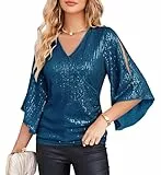GRACE KARIN Damen Pailletten Vintage Top V-Ausschnitt Elegante Bluse 3/4 Ärmel Festliche Party Top Gltzer Abendmode Overteile Weihnachten Party Outfit Pfauenblaue Pailletten L