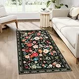 Homcomodar Blumen Teppich Wohnzimmer 80x150cm Schwarz Kurzflor Teppich Schlafzimmer Vintage Floral Waschbarer Teppiche Wohnzimmer für Kinderzimmer