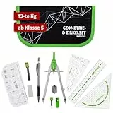 DynaTech Zirkel Set Geometrieset 13-Teilig mit Schnellverstellzirkel, Geodreieck, Parabel, Bleistift, Lineal, Spitzer und Ersatzminen im Etui grün - praktisches Mathematik-Set inkl. Federmappe