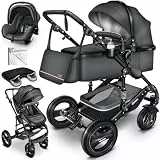 KIDUKU® 3 in 1 Kinderwagen Komplettset | Kombikinderwagen Set inkl. Babywanne & Buggy Sportsitz & Auto-Babyschale Fußsack | Vollgummireifen Wickeltasche Handwärmer Regenschutz Kindertisch ECE R129