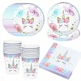 Bikasun Einhorn Partygeschirr Set, 16 Gäste Einhorn Teller Set, Einhorn Geburtstag Geschirr, Kindergeburtstag Teller Becher Servietten Pappteller Party Deko