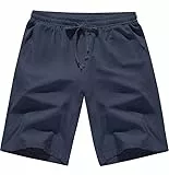 CMTOP Kurze Hosen Herren Sommer Leinenhose Kurz Leichte Luftige Herren-Shorts Einfarbige Baumwolle Locker Kurze Freizeithose Elastische Taille Sommershorts mit Taschen und Tunnelzug(Marine, M)