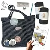 HÄKEL LIESE Häkelset Für Anfänger - Strandtasche Damen, Häkel Set für Anfänger Erwachsene, Häkelnadel, Tasche häkeln, DIY Set Erwachsene, Häkelset Tasche, Baumwolltasche (GRAU)