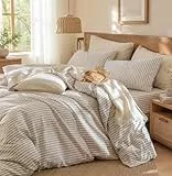 Lanqinglv Bettwäsche 200x200 Baumwolle Gestreift Beige Weiß,100% Renforce Baumwolle Bettwäsche Set mit Reißverschluss,ÖKO-TEX Bettwäsche für Allergiker Geeignet,1 Bettbezug & 2 Kissenbezug 80x80 cm