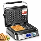 FOHERE Waffeleisen 1600 W, Doppelwaffeleisen für Belgische Waffeln, 5 Programme, 7 Bräunungsstufen, LCD Display, Countdown Timer, Überlaufrille, Extra Tiefe Heizplatten
