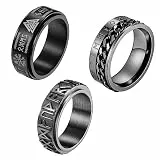 JewelryWe Fidget Angst Spinner Ring Herren - 3pcs Schwarz Edelstahl Anxiety Ringe Set mit Wikinger Plattenspieler Runen Panzerkette Drehbar Zappel-Band Anti Stress Spinning Ringe Größe 62