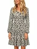 PLOKNRD Damen Langarm Kleid V-Ausschnitt Freizeitkleid mit Taschen Elegant Schichten Design Kleider Midi Herbst Winter Leopardenmuster L