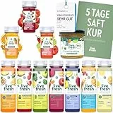 LiveFresh 5 Tage Saftkur + Bio Gemüsebrühe | 35 Säfte (250ml) & 15 Shots (60ml) kaltgepresst¹ + 3 x Bio Gemüsepaste (135g) | 743 Kalorien pro Tag | Frisch gepresste Fruchtsäfte | 8,75€ Pfand
