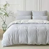 SOULFUL Bettwäsche 135x200 Baumwolle Gestreift, Jacquard Gewaschene Baumwolle Boho Bettwäsche-Sets Atmungsaktiv Öko-Tex 100 Zertifiziert-Denim Blau