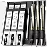 Four Candies Druckbleistift Set, 3 Stück 0,5 & 0,7 & 0,9 mm Metall Minenbleistift, Mechanische Bleistifte mit 360 Stück HB Minen, 3 Radiergummis und Etui, zum Schreiben und Zeichnen für Ingenieure