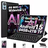 Gemini AI Tablet, Android 15, 10 Zoll, 64 GB + 2 TB, erweiterbar, GMS, 5G + 2,4 G WLAN, Octa-Core 2,0 GHz, Widevine L1, BT5.0, 6000 mAh, GPS, Tablets mit Tastatur + Maus und Case-Schwarz
