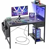 BEXEVUE LED Schreibtisch 100x50 cm mit Steckdosen, umklappbarer Gamer-Computer Tisch mit Schublade, Seitentasche und Beutel, großer Stauraum, Arbeitsstation mit 2 Haken für Homeoffice