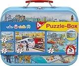 Schmidt Spiele 56508 Verkehrsmittel, 4 Kinderpuzzle im Metallkoffer, 2x26 und 2x48 Teile
