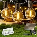 Yuusei Solar Lichterkette Außen 30M IP65 Wasserdicht mit 50+2 Warmweißen G40 LED Glühbirnen | 4 Beleuchtungsmodi Outdoor Lichterkette für Garten, Balkon, Terrassenbeleuchtung, Camping Lichterketten