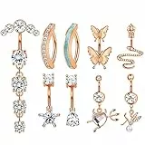 Kakonia 9 Stück 14G Bauchnabelpiercing für Damen Gold Silber Rosegold Chirurgenstahl Edelstah Nabelpiercing Ring Clicker mit Anhänger CZ Bauchnabelringe Piercing Schmuck Set 8MM