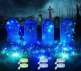 Maxee 4 Stück Halloween Glühendes Grabsteine Deko mit 6 Stück 3 Meter Lichterkette, Wasserdichtes Grabstein Schilde, Außen Dekoration Set für Rasenhof Hinterhof Haunted Friedhof Zombie Grün und Blau