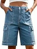 StylSense Jeans Shorts Damen Sommer Bermuda Cargo Kurze Hose Baumwolle Hohe Taille mit Elastischem Bund und 6 Taschen (Blau_J, XXL)