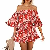 Pink Queen Damen Trägerlos Boho Jumpsuit Mini Kleid Rüschen Strampler Shorts Schulterfrei Sommer Spielanzug Rot S